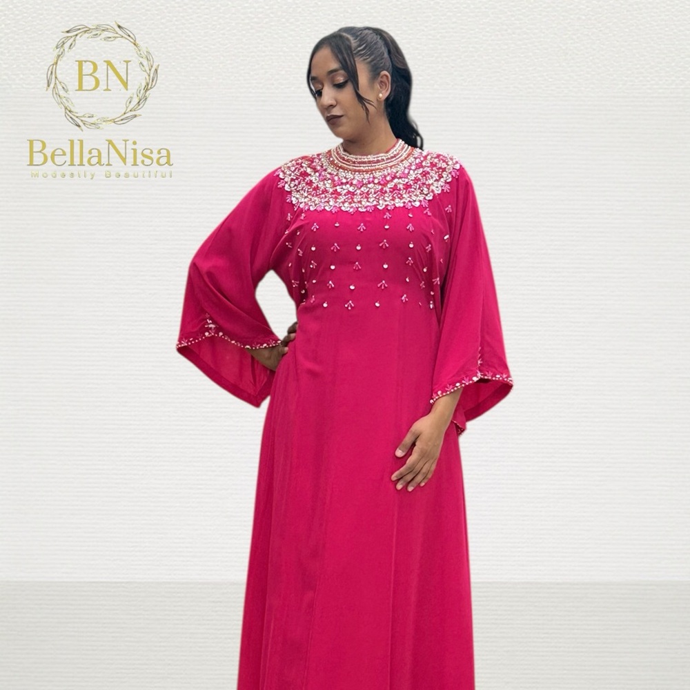 Fuchsia Embellished Long Sleeve Kaftan